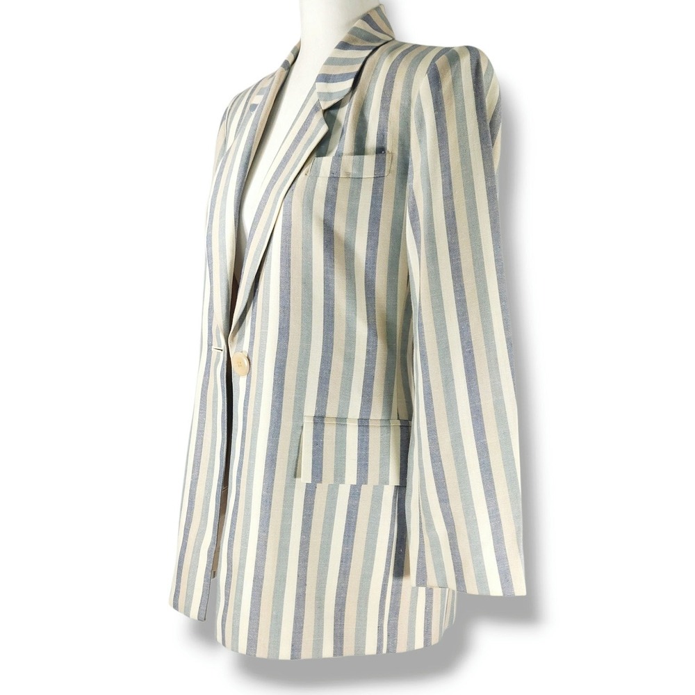 Petite Sophisticate Stripe Linen Blend Blazer Tailored Blue Ivory Vintage 4P